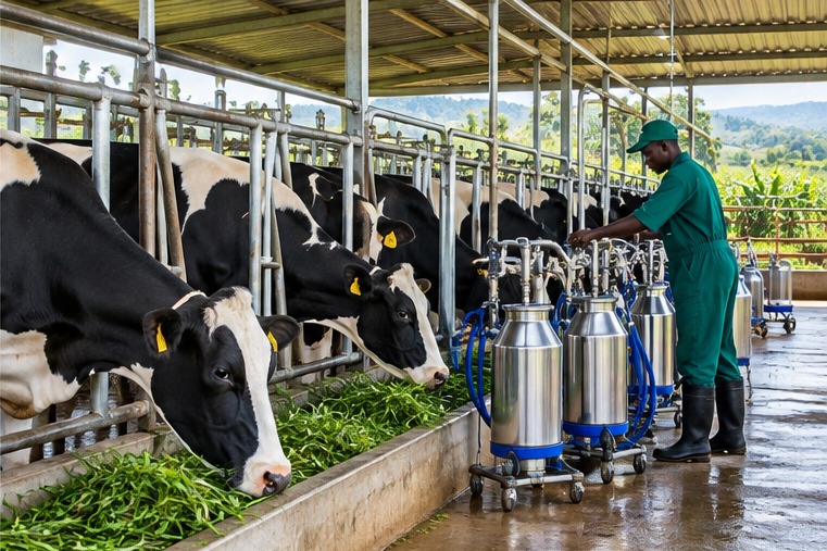Friesian cattle in dairy feeding area